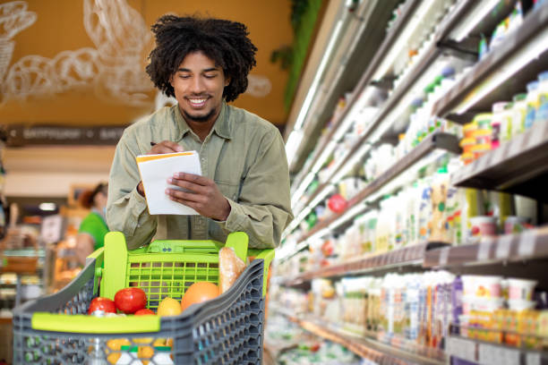 A man looking at a shopping list while at the supermarket