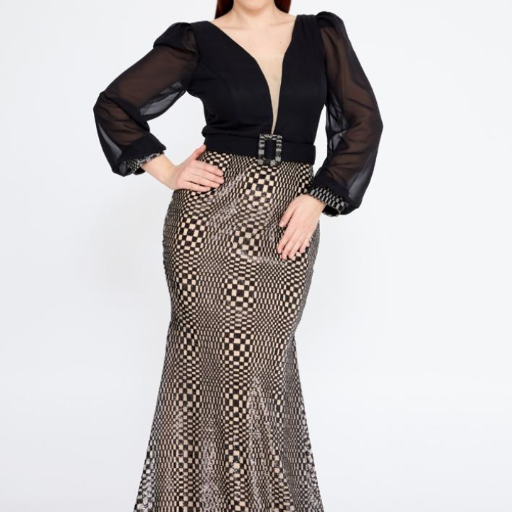 white and black lace sleeves gown