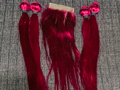 Red human hair 22 inches with full closure