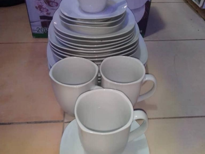 White Melamine plates and tea cups