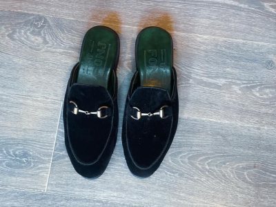 Black velvet horsebit Mules
