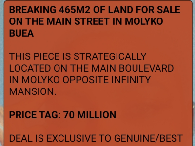 Breaking 465 Square Meters of Land on The Main street in Molyko Buea