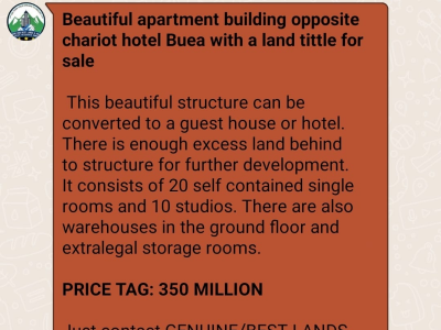 Beautiful Appartment Building Opposite Chariot Hotel Buea with Land Title For Sale