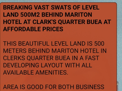 Breaking Vast Swats of Level Land 500 Square Meters Behind Mariton Hotel At Clark's Quarters Buea
