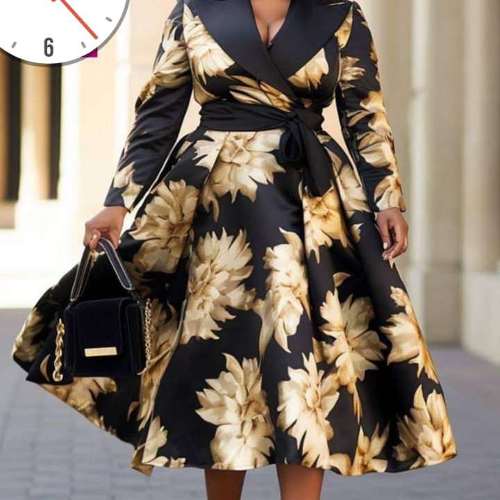 Robe midi noire à fleurs dorées
