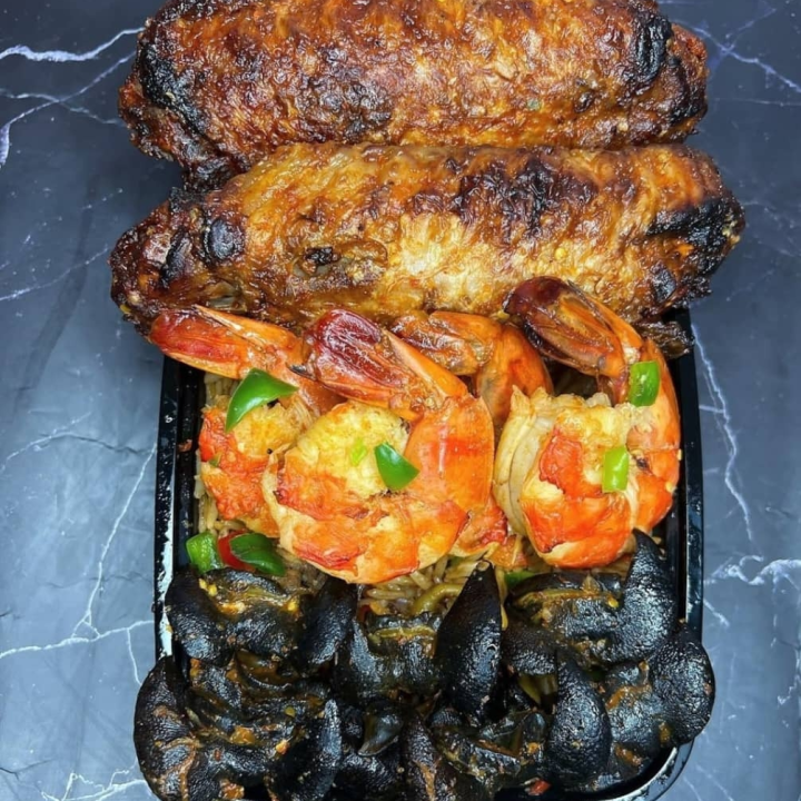Roasted chicken ,prowns and snails