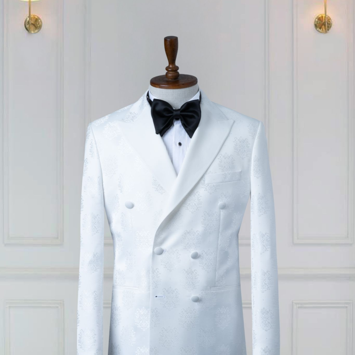 Smoking homme blanc jacquard - Costume de marié - Costume de mariage Costume homme croisé coupe slim avec revers en pointe