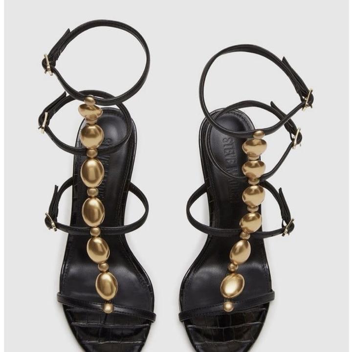 Black Leather Strappy Sandals with Gold Orb Embellishments