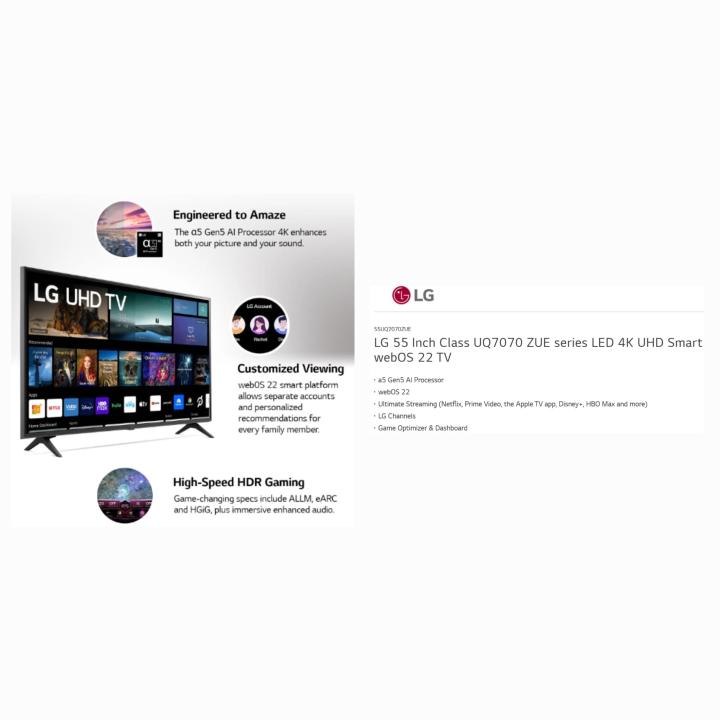 LG 55 lunch class UQ7070 ZUE series LED 4k UHD Smart WebOS 22 TV
