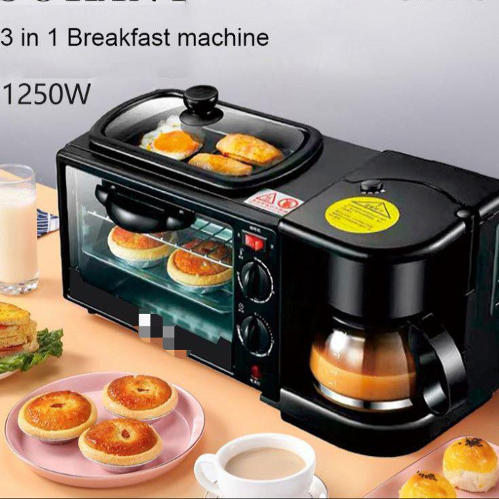 Mini machine à petit-déjeuner 3 en 1, 1250W, multifonction, four à pizza avec petit déjeuner, machine à sandwich, mini four 9 l, grill , comptoir de petit-déjeuner avec machine à café de 600 