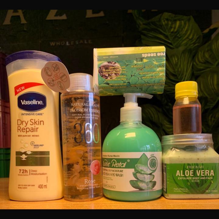 dark skin complete set(vaseline,bathing gel,moringa soap,glow oil,facial scrub and 360 body moisturizer)